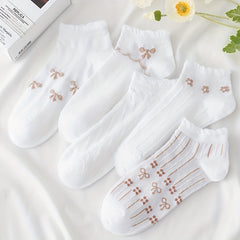 5 Pairs Bow Print Socks Sweet & Ruffle Short Socks