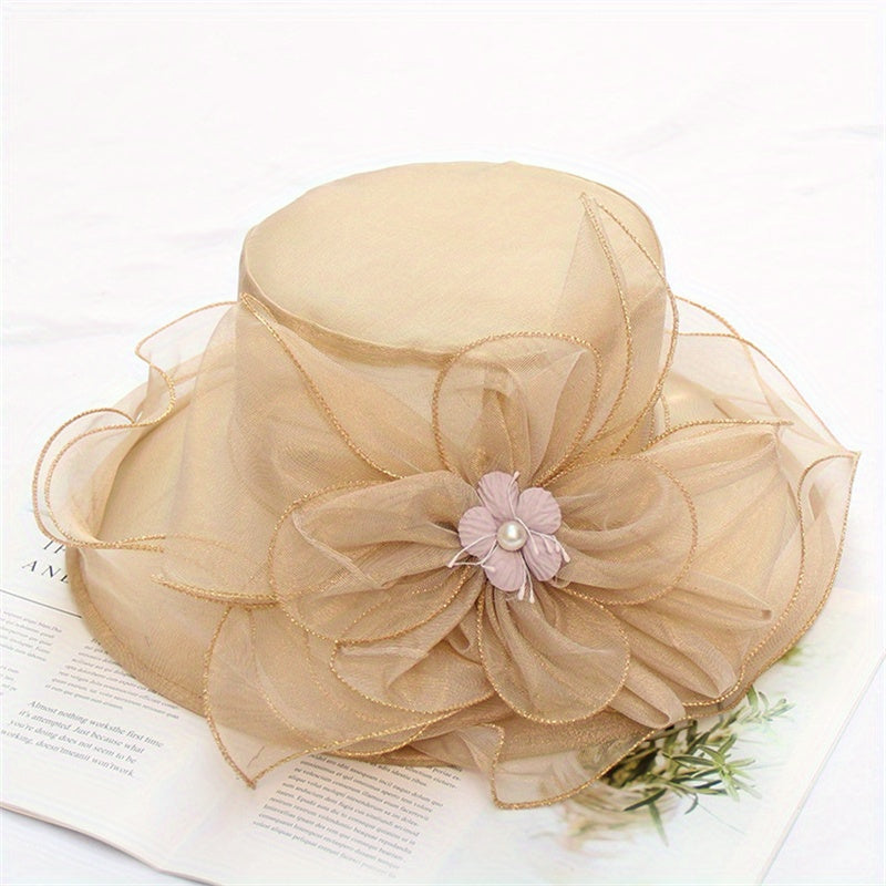 Ruffles Sun Hat Flower Decor Organza Church Derby Hats Mesh Travel Beach Hats