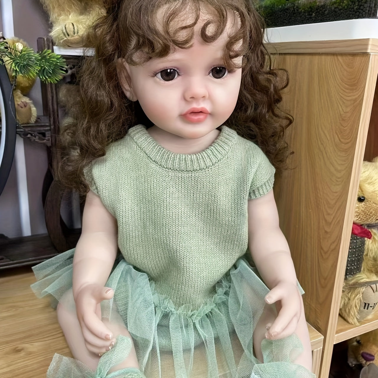 22 Inch Reborn Baby Dolls Lifelike Newborn Doll Curly Hair Full Vinyl Girl Doll