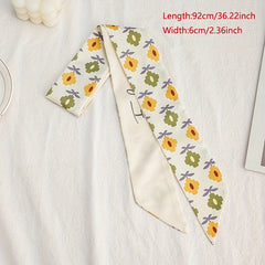 Beige Flower Print Skinny Scarf Long Ribbon Neckerchief