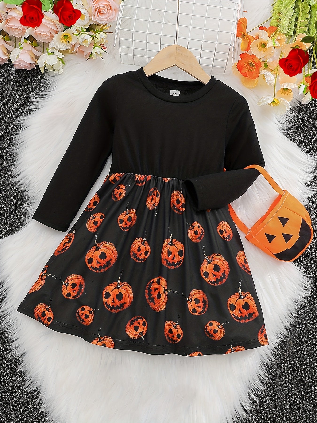 2pcs Pumpkin Head Halloween Dress & Candy Bag Set