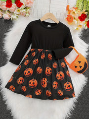 2pcs Pumpkin Head Halloween Dress & Candy Bag Set