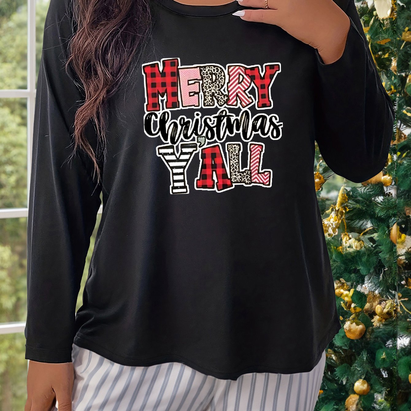 Christmas Casual Loungewear Top Women's Plus Slogan Print Long Sleeve