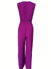 Surplice Neck Sleeveless Shirred Jumpsuit Solid Belted Waist Wide Leg Jumpsuit