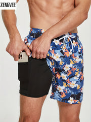 Men's 2 in 1 Sports Shorts, Fish & Floral Pattern, Gym Workout