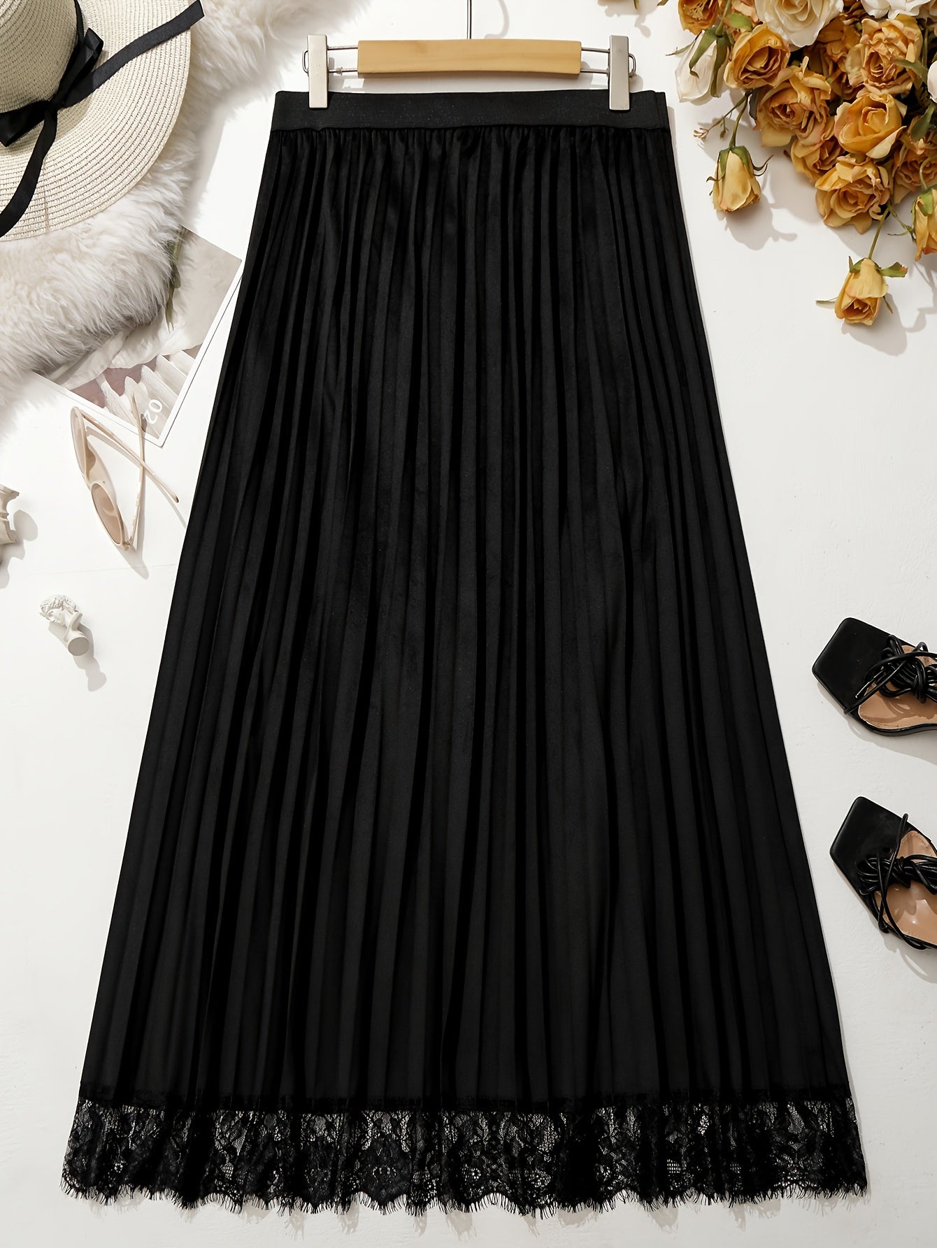 Lace Trim Maxi Skirt High Rise Elastic Waist