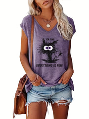 Cat Print V Neck Tank Top Cap Sleeve