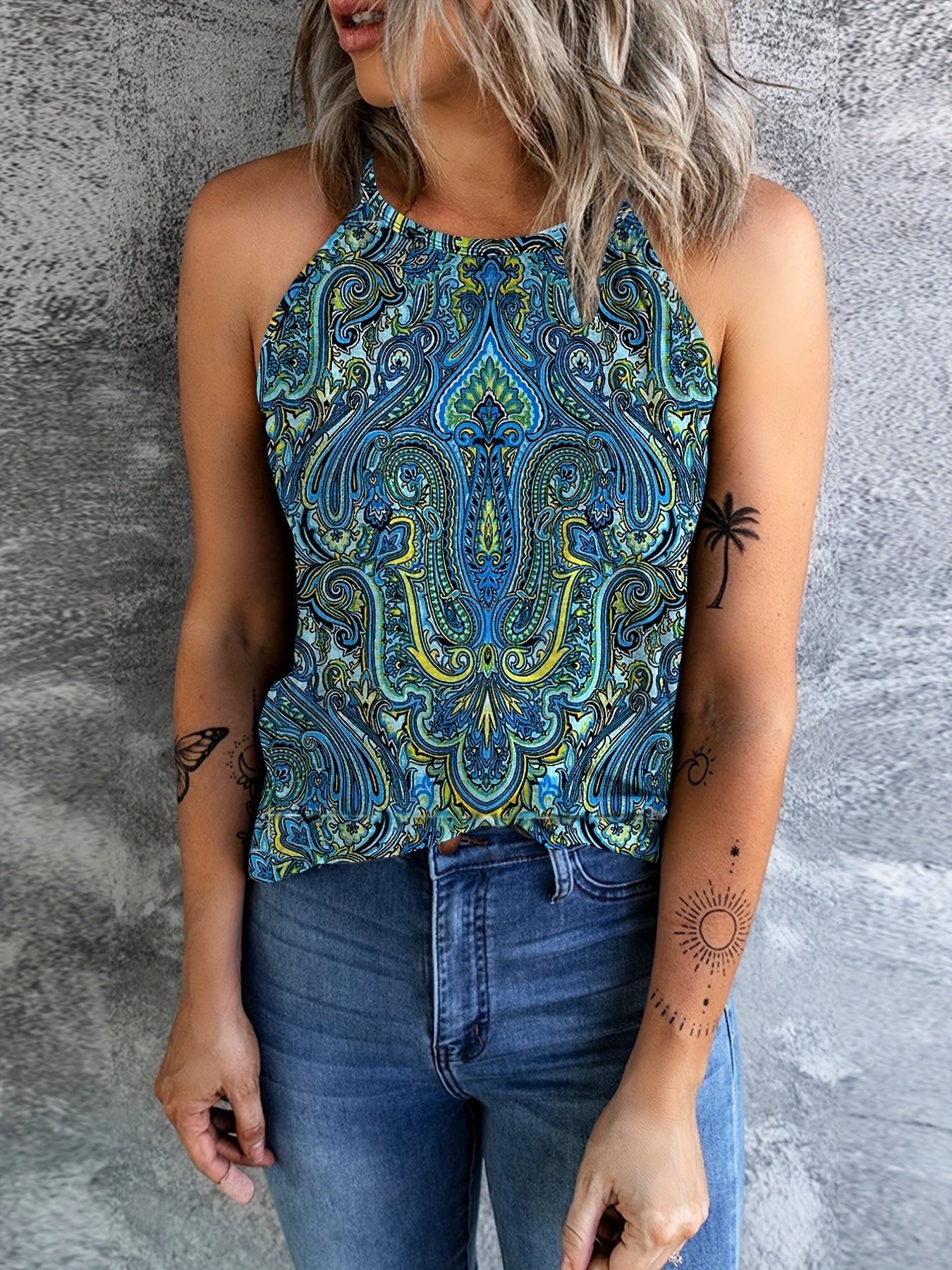 Ethnic Print Sleeveless Top Casual Crew Neck Summer Top