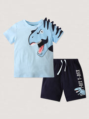 Boys Dino Print T Shirt & Shorts Set, Summer Ready, Cotton