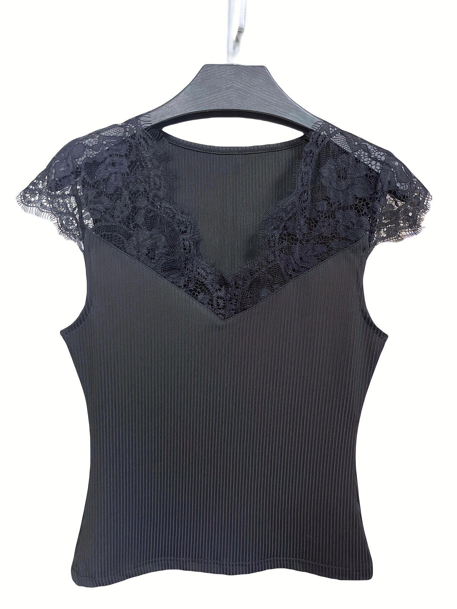 Lace Cap Sleeve Solid V Neck Top