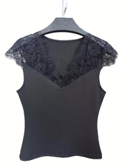 Lace Cap Sleeve Solid V Neck Top
