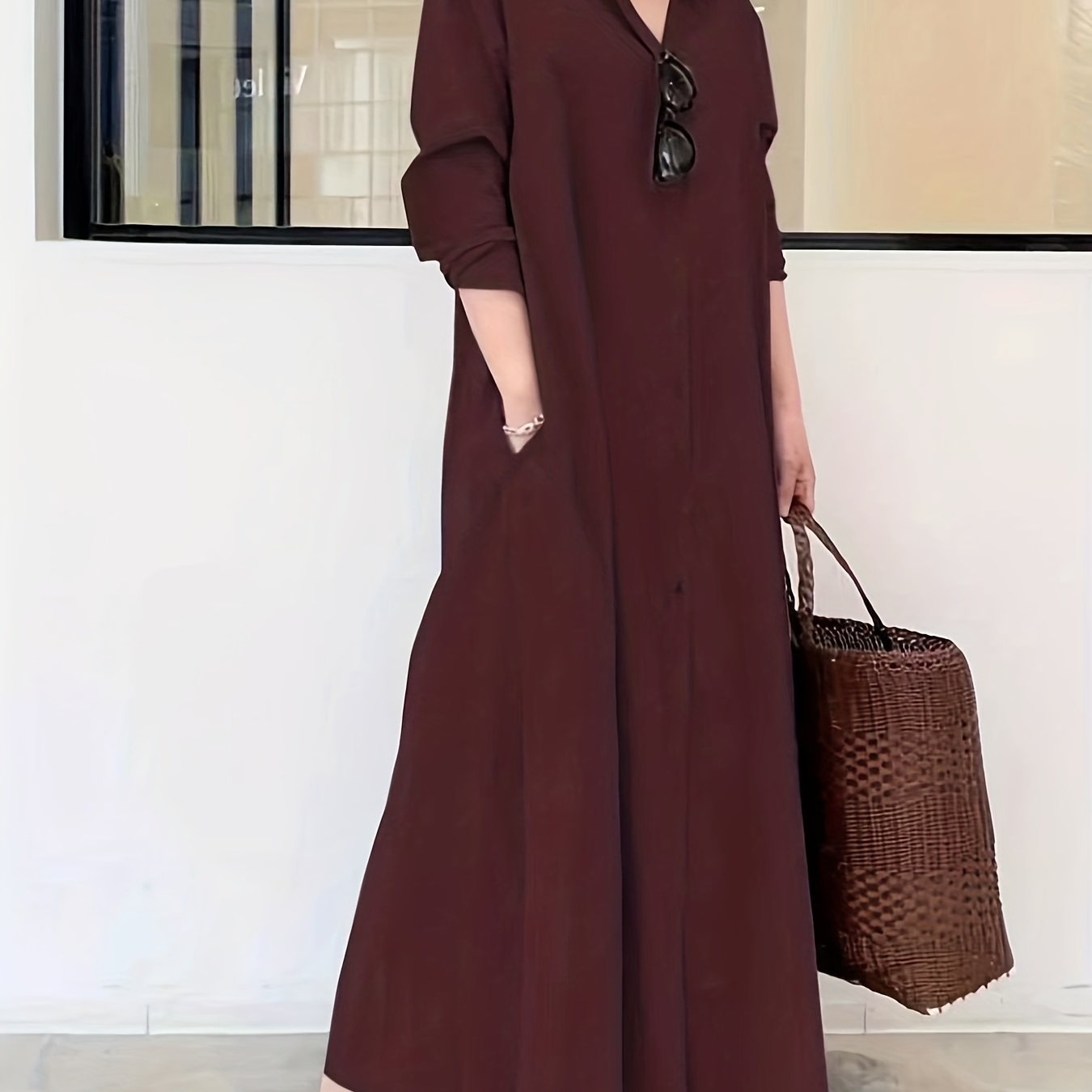 Plus Size Casual Dress Women's Plus Solid Long Sleeve Turn Down Collar