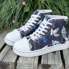 Women's Floral High Top Canvas Sneakers Lace Up Flat Shoes