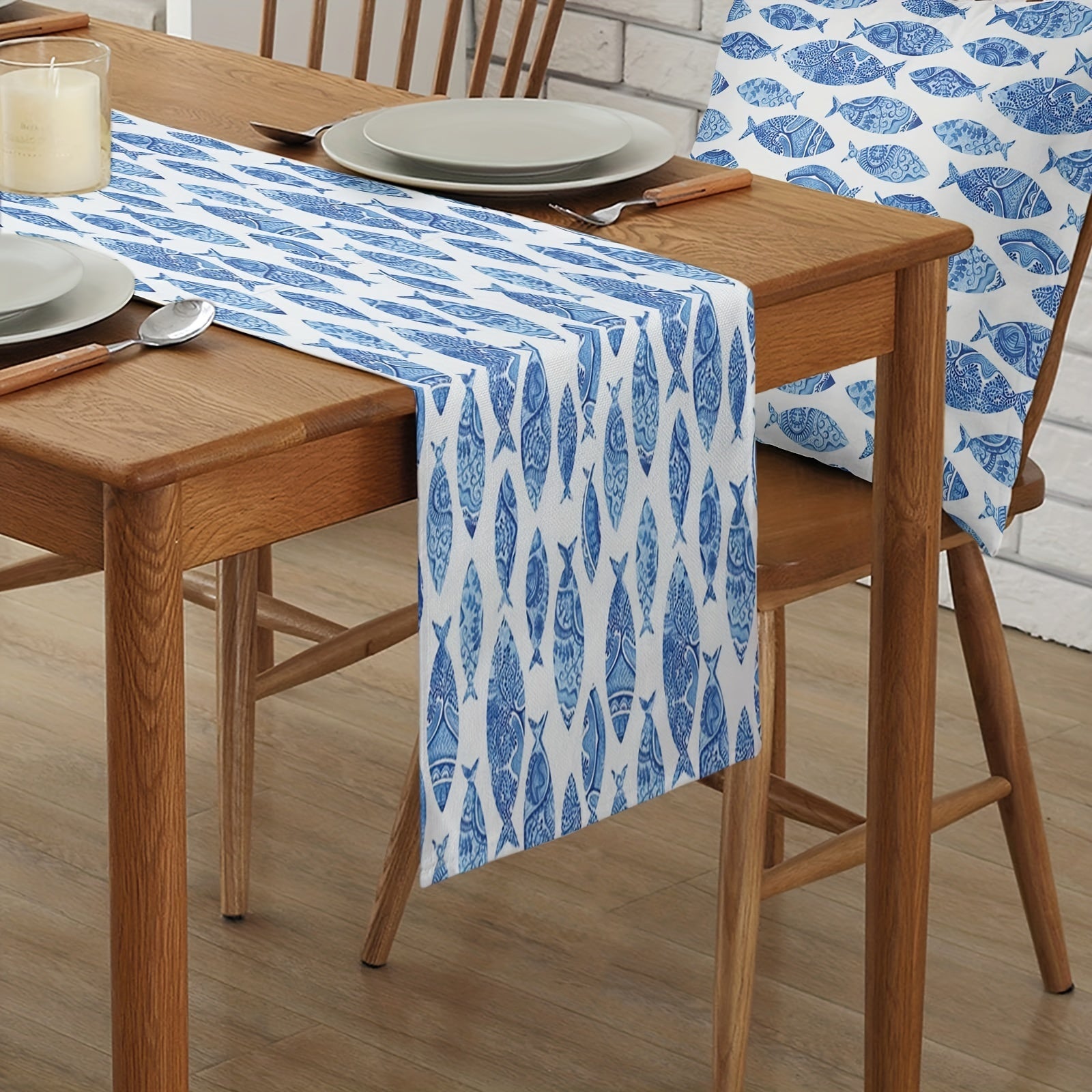 Long Fish Pattern Linen Table Runner Heat Resistant Washable 33x182 cm