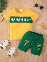 Cotton 'MAMA'S BOY' T-shirt Top + Ripped Shorts 2pcs Set for Baby Boys