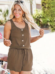 Drawstring Waist Button Front Romper Sleeveless Jumpsuit