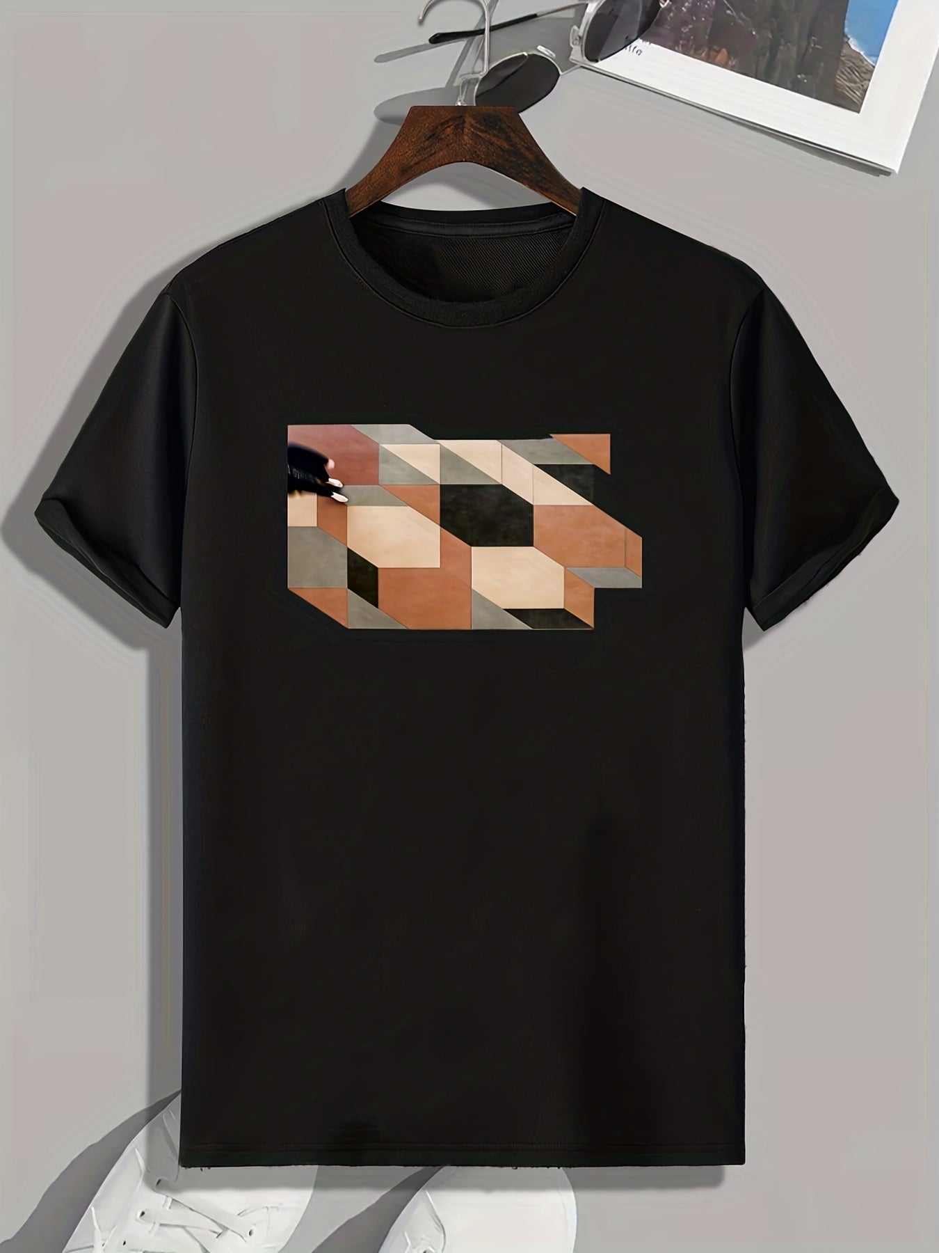 Cube Print Men's Comfy T Shirt Active Stretch Breathable Tee