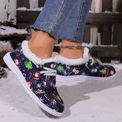 Women's Christmas Snow Boots Santa Claus Pattern Plush Comfort Flats