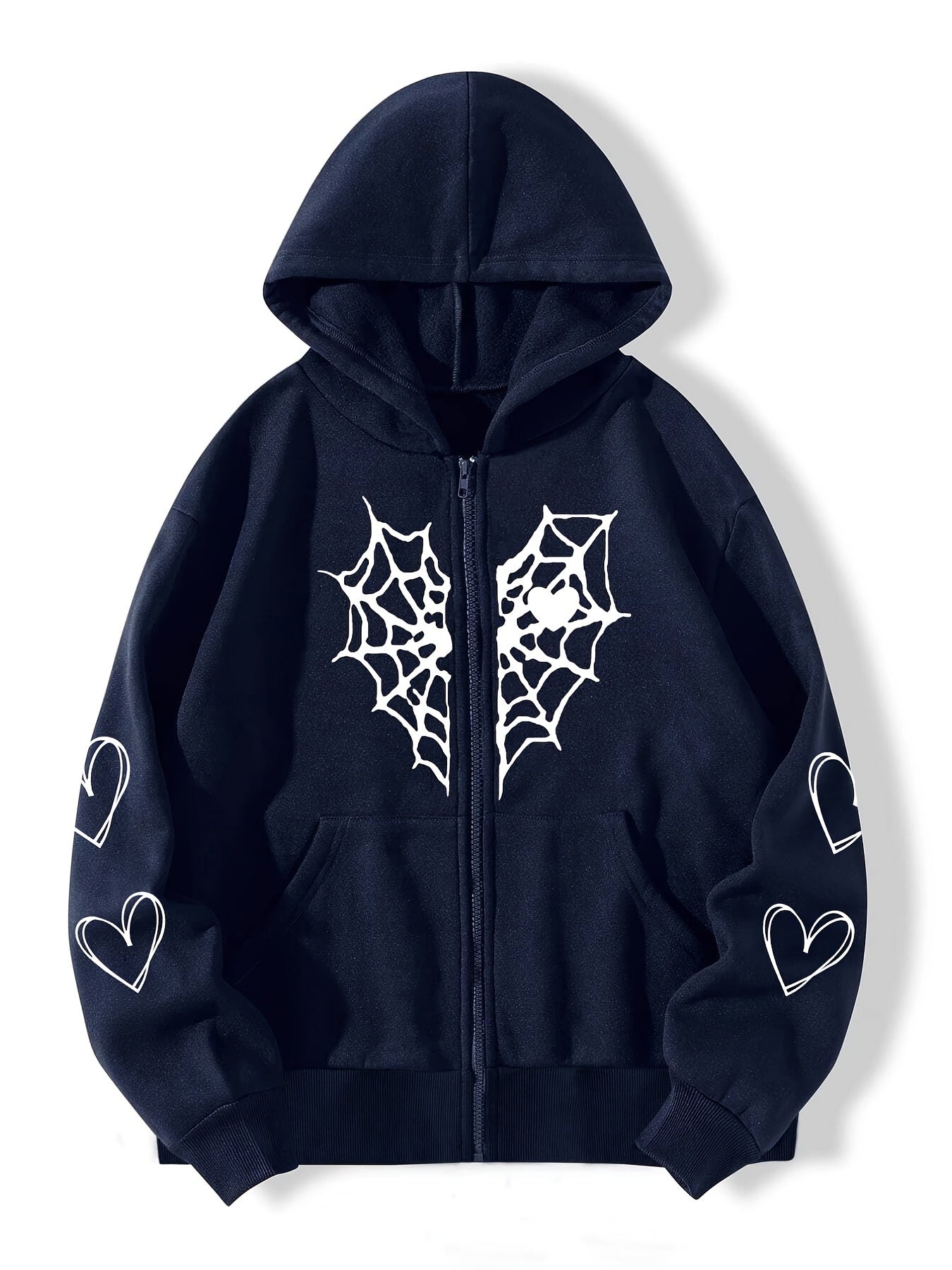 Heart Print Drawstring Hoodie Zip Sweatshirt