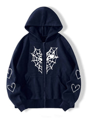 Heart Print Drawstring Hoodie Zip Sweatshirt