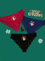 3pcs Christmas Print Briefs Lace Panties Women's Lingerie