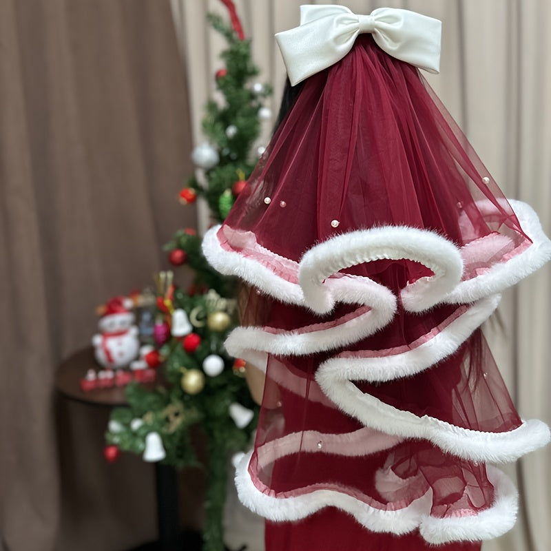 Short Burgundy Double Layer Bridesmaid Veil with Bow