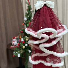 Short Burgundy Double Layer Bridesmaid Veil with Bow
