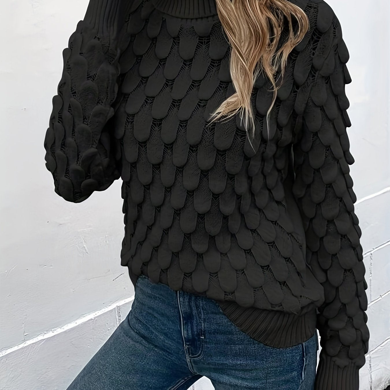 Fish Scale Turtleneck Sweater Long Sleeve Knit Casual Solid