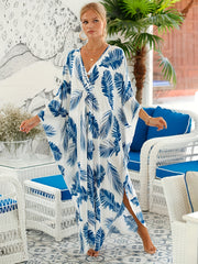 Leaf Print Cover Up Dress V Neck Bat Sleeve Vacation Wear