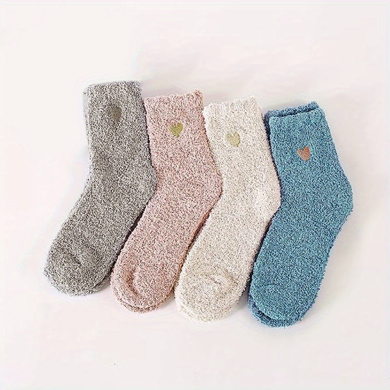 4 Pairs Heart Print Socks Warm Fuzzy Women's Stockings