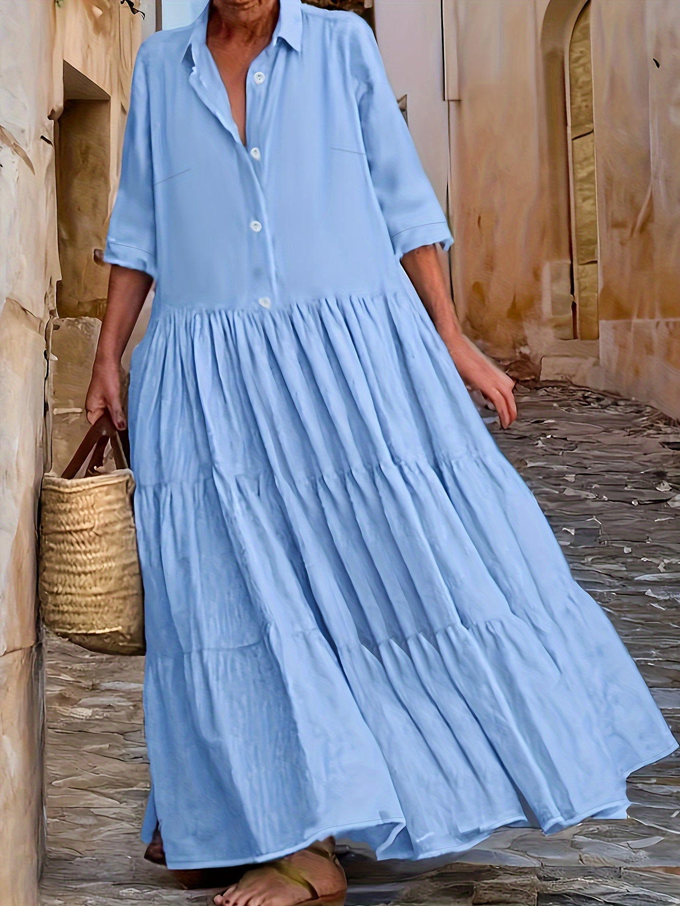 Long Sleeve Button Up Collar Maxi Dress