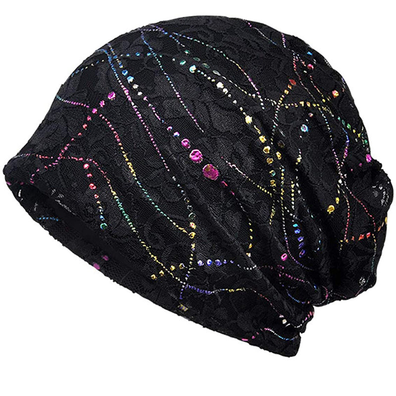 Hotfix Rhinestone Embossed Lace Beanie Hat Solid Skull Cap