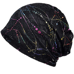Hotfix Rhinestone Embossed Lace Beanie Hat Solid Skull Cap