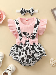 Cow Print Sleeveless Romper Set for Baby Girls