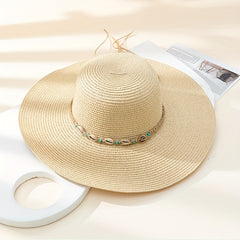 Wide Brim Sun Hat Solid UV Protection Outdoor Straw Hats Resin Shell Decor