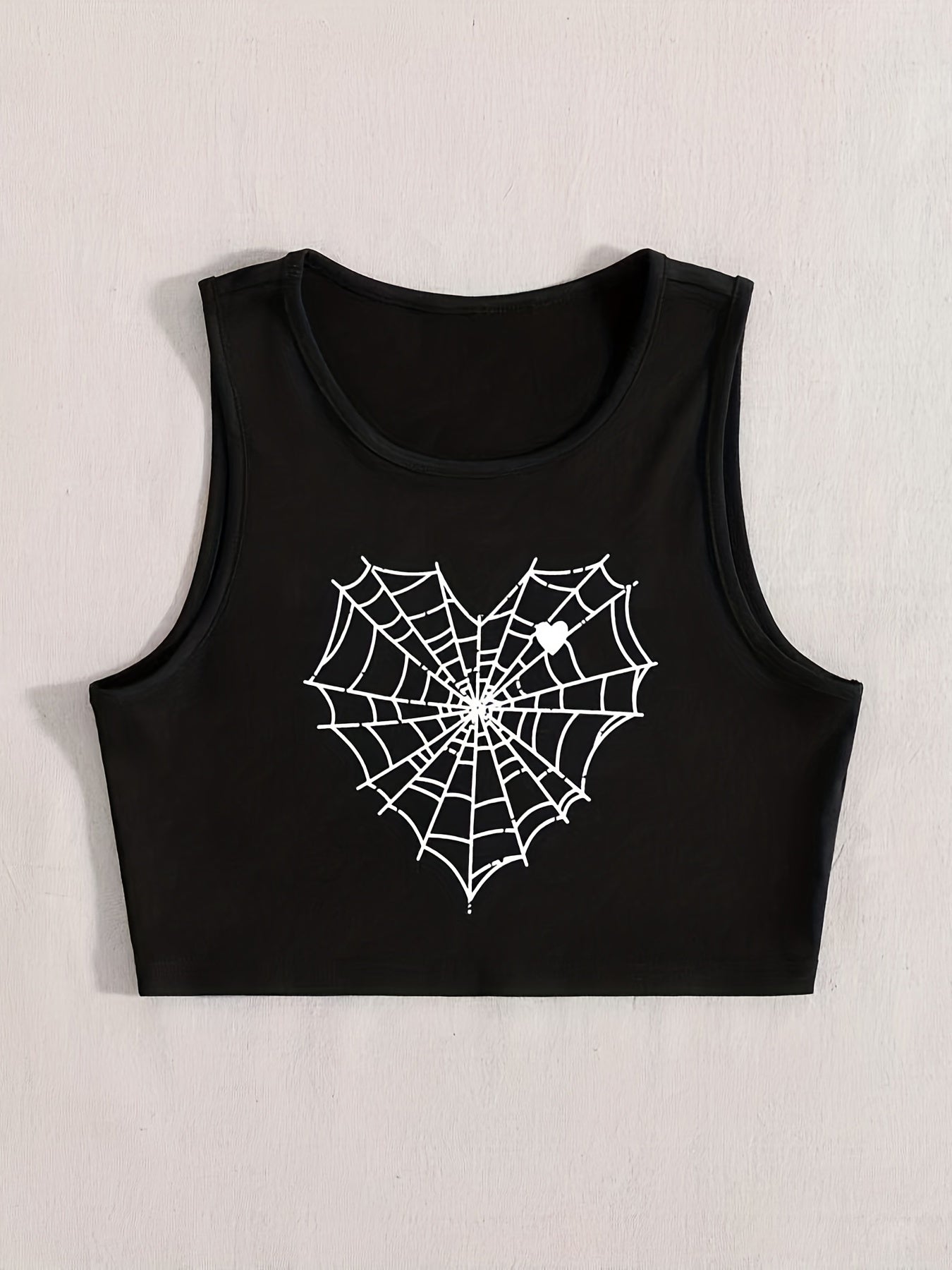 Spider Web & Heart Print Tank Top Sexy Crew Neck Sleeveless Top