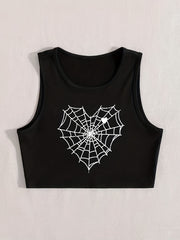 Spider Web & Heart Print Tank Top Sexy Crew Neck Sleeveless Top