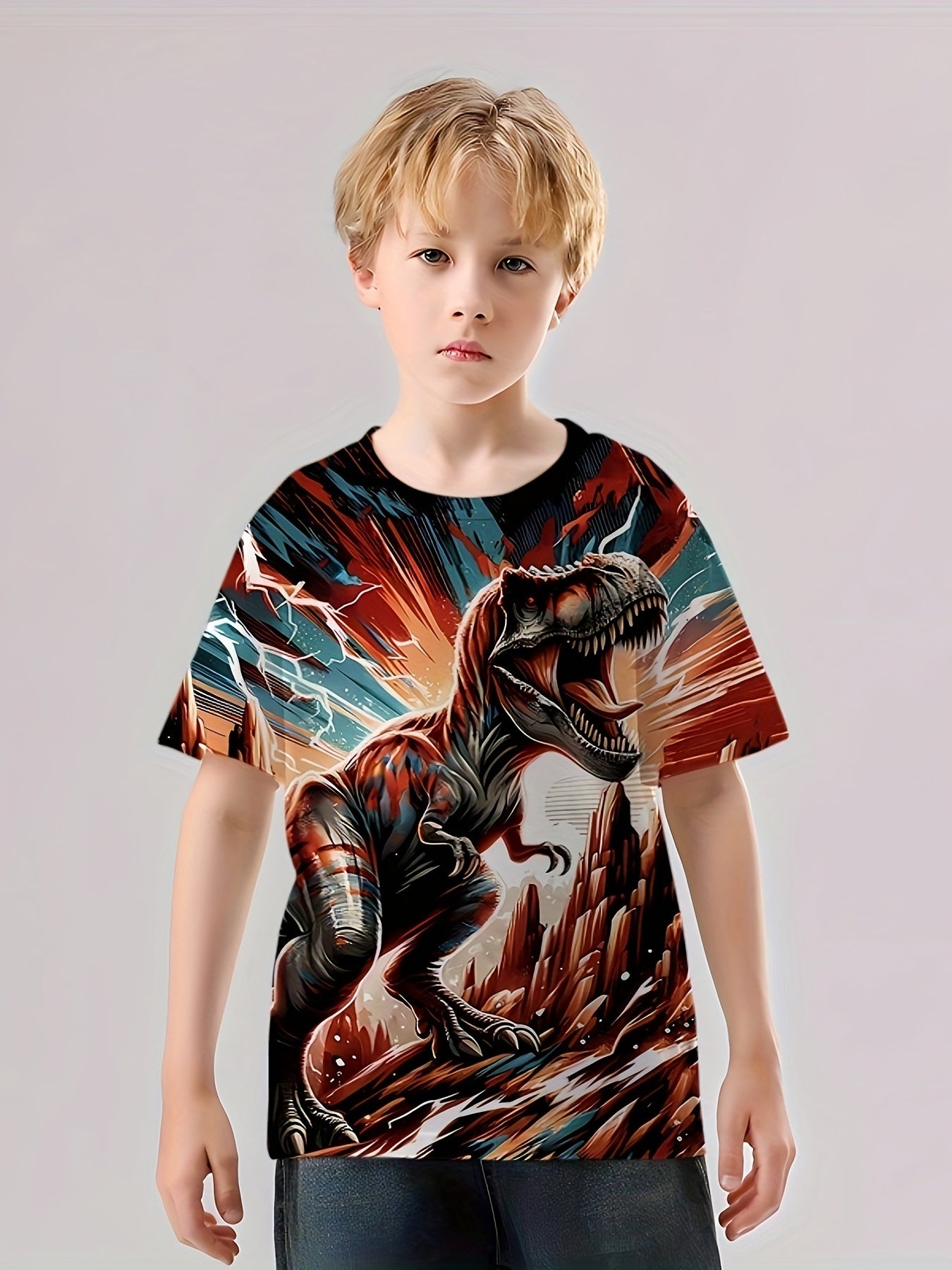 Dinosaur Print Boy's Casual Short Sleeve Tee