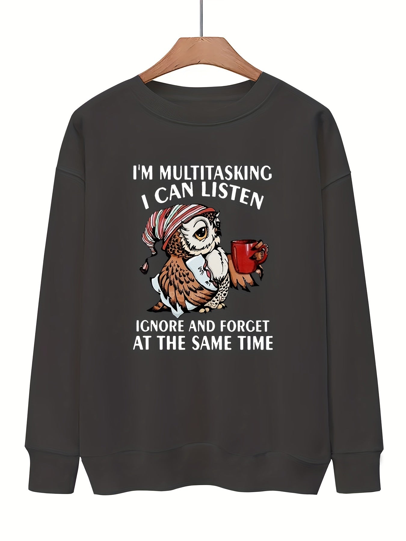 Owl & Letter Print Pullover Sweatshirt for Women