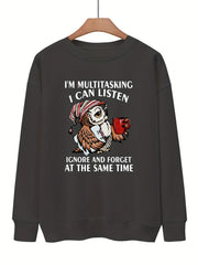Owl & Letter Print Pullover Sweatshirt for Women