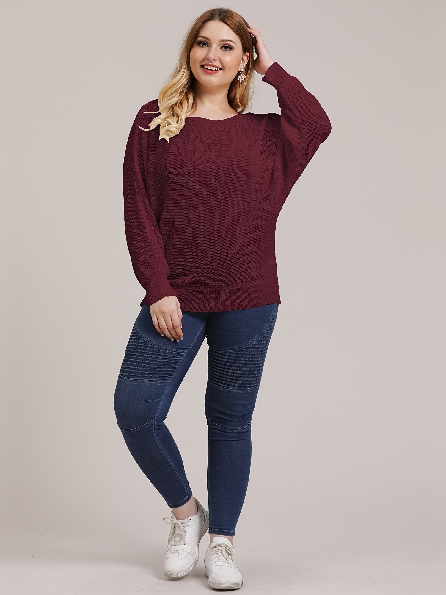 Eyelet Embroidered Boat Neck Long Sleeve Sweater