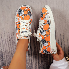 Women's Skull Print Sneakers Casual Lace Up Outdoor Shoes Lightweight Low Top