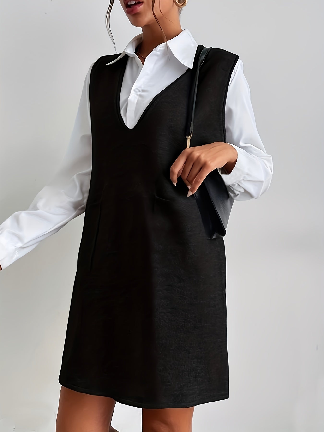 Solid Button Up Shirt & Sleeveless Sweater Dress Set