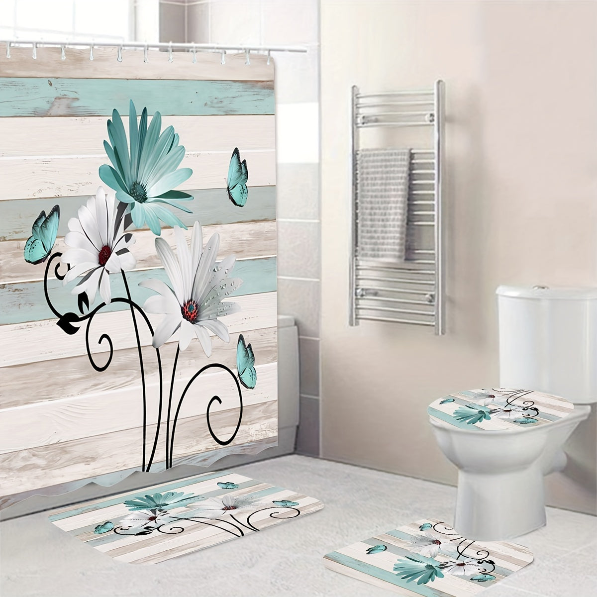Flower Butterfly Shower Curtain Set with 12 Hooks