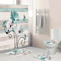 Flower Butterfly Shower Curtain Set with 12 Hooks