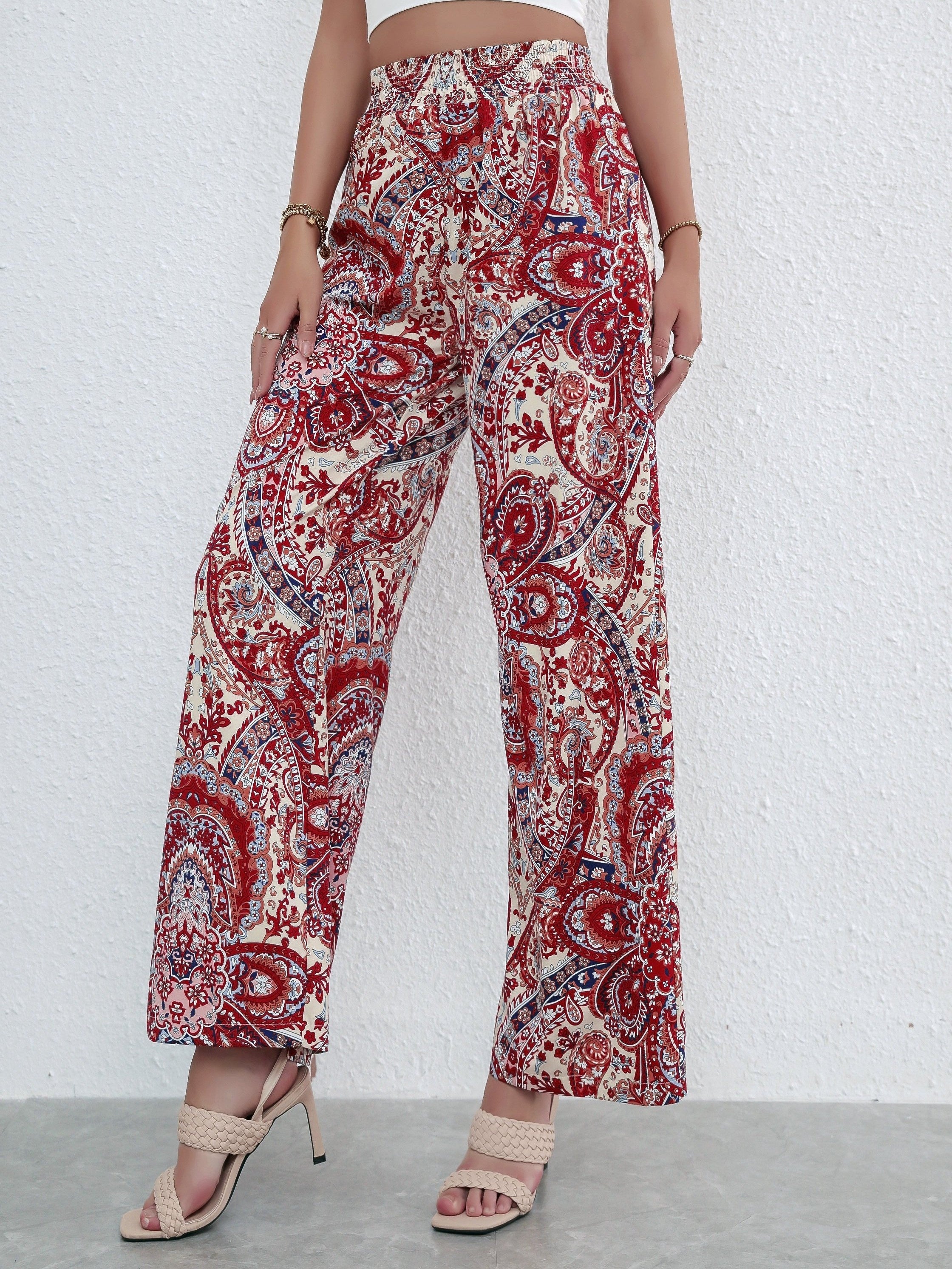 Boho Paisley Print Wide Leg Pants with Shirred Waist
