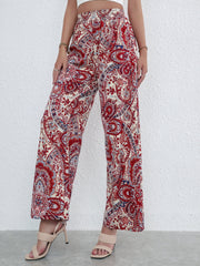 Boho Paisley Print Wide Leg Pants with Shirred Waist