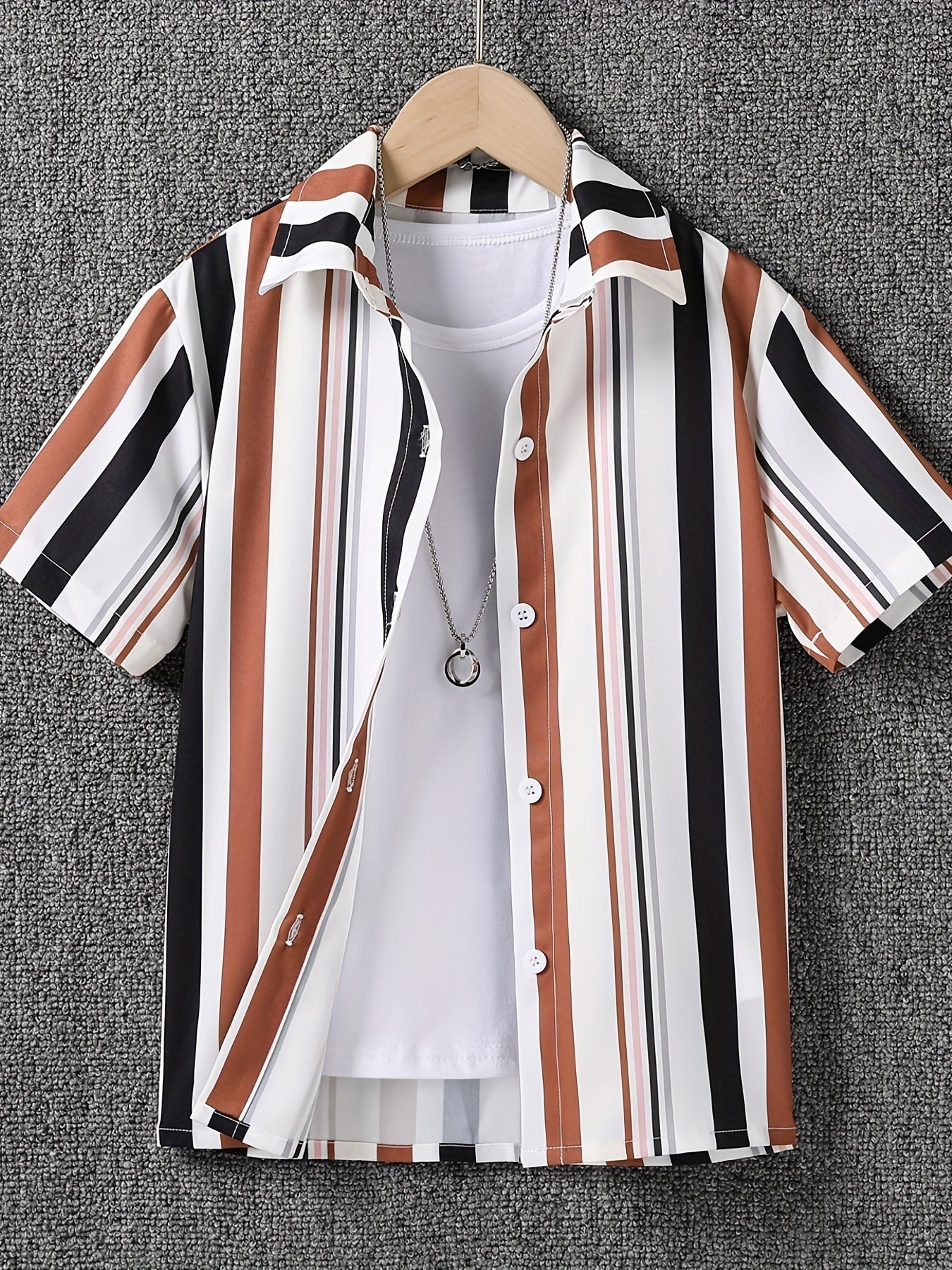 Boys Stripe Casual Lapel Shirt Short Sleeve Top for Summer