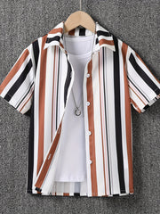 Boys Stripe Casual Lapel Shirt Short Sleeve Top for Summer
