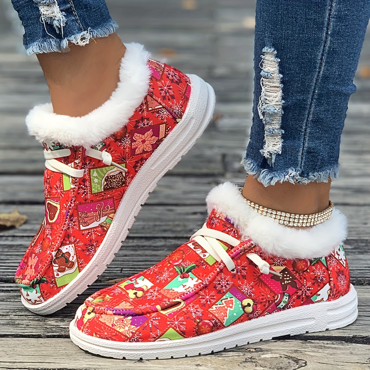 Women's Christmas Style Snow Boots Winter Plus Plush Warm Flat Lace up Shoes